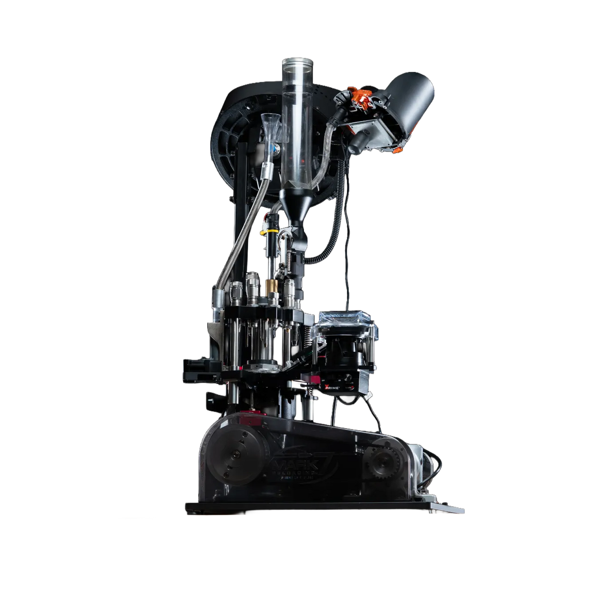 Prensa Progressiva Automatizada Apex 10 vista de baixo para cima com Case Feeder e Bullet Feeder automáticos com combo Mark 7 