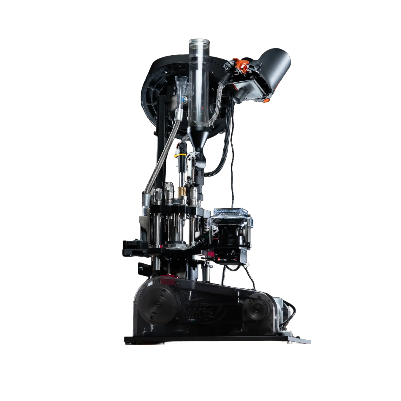 Prensa Progressiva Automatizada Apex 10 vista de baixo para cima com Case Feeder e Bullet Feeder automáticos com combo Mark 7 