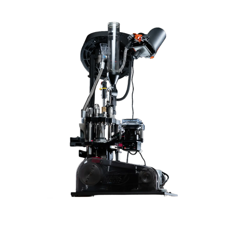 Prensa Progressiva Automatizada Apex 10 vista de baixo para cima com Case Feeder e Bullet Feeder automáticos com combo Mark 7 